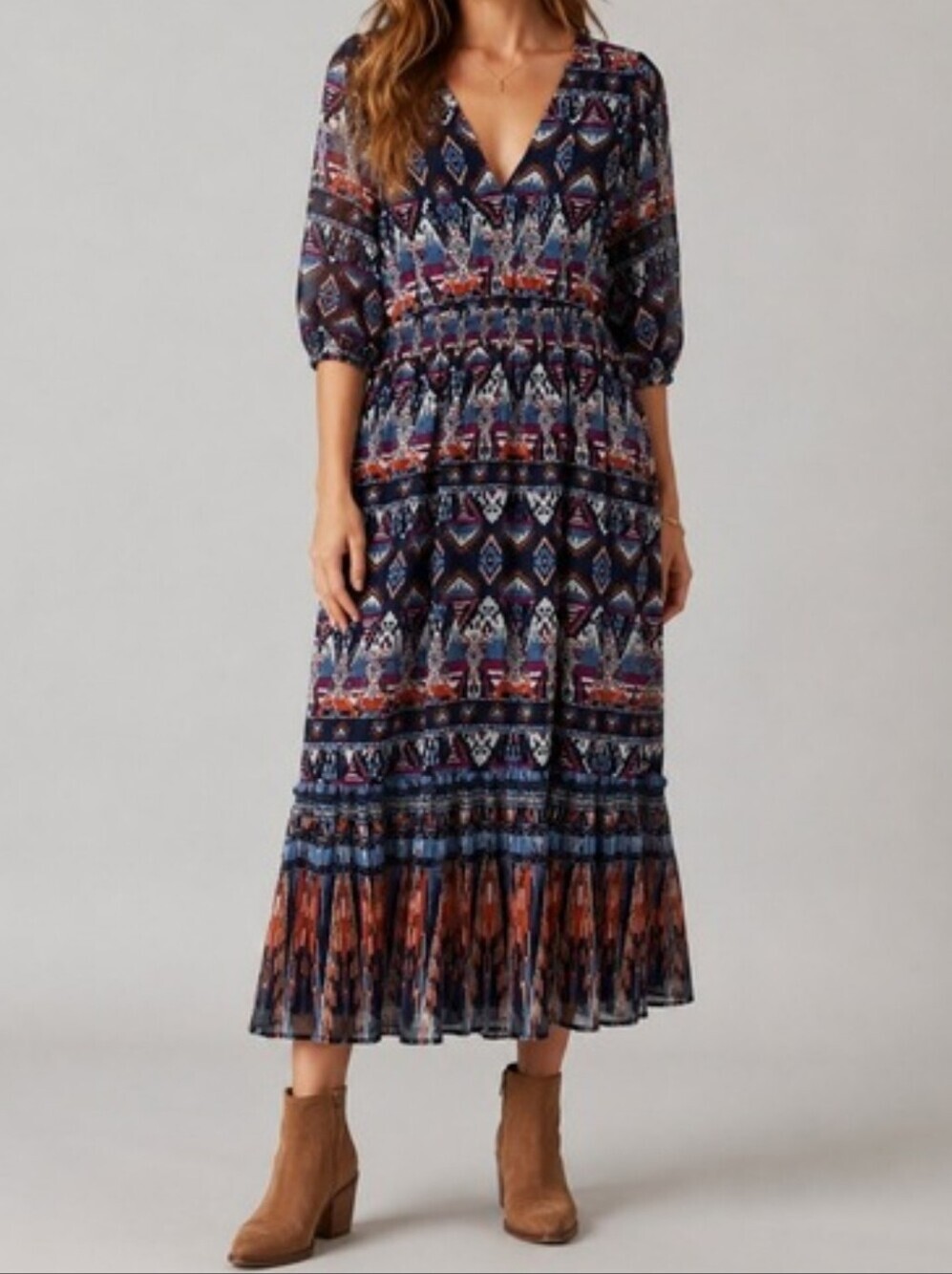 Waist-Defined V-Neck Midi Dress Boho Printed  and Rust With Pockes  Size XXL